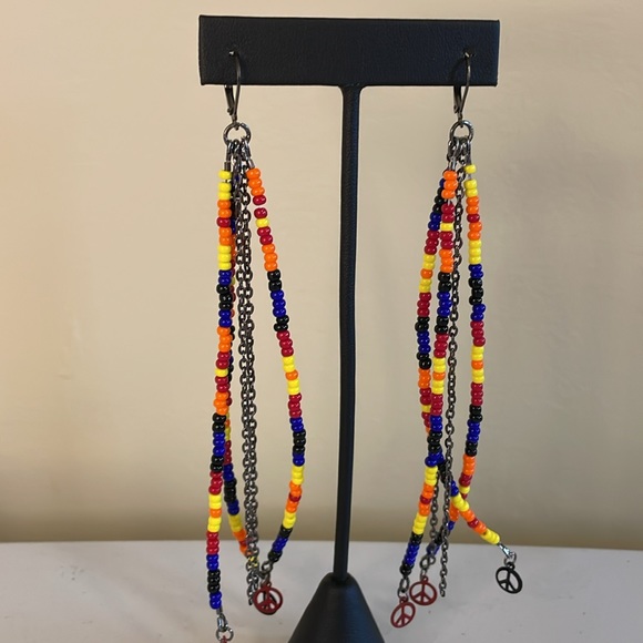 HAND CRAFTED SHOULDER DUSTER EARRINGS Black Blue Red Orange Yellow Peace Signs - Picture 5 of 14